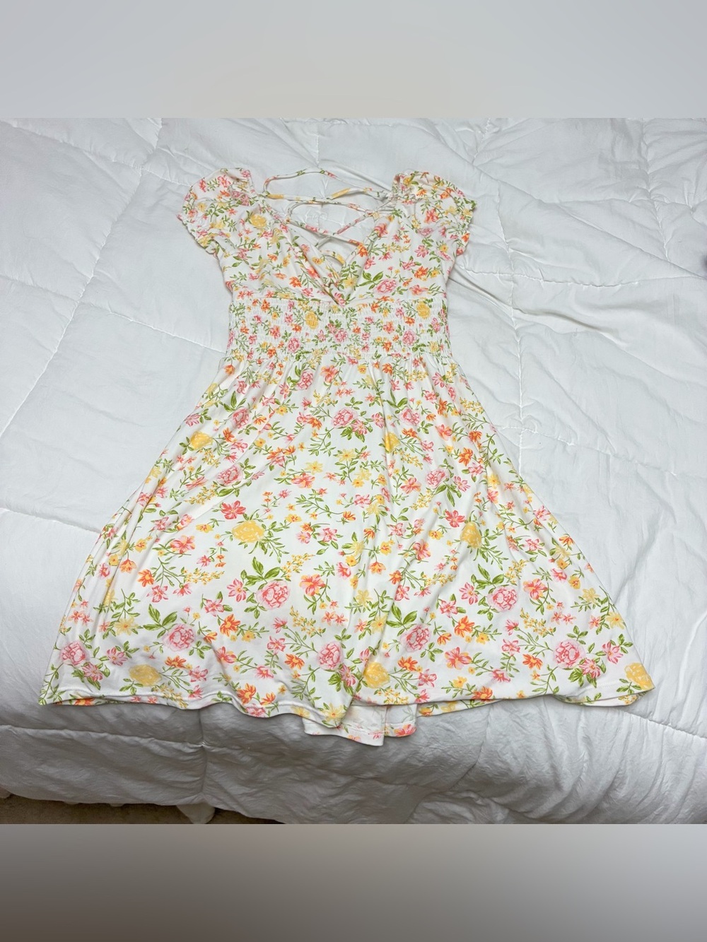 No Boundaries floral print criss-cross back mini dress